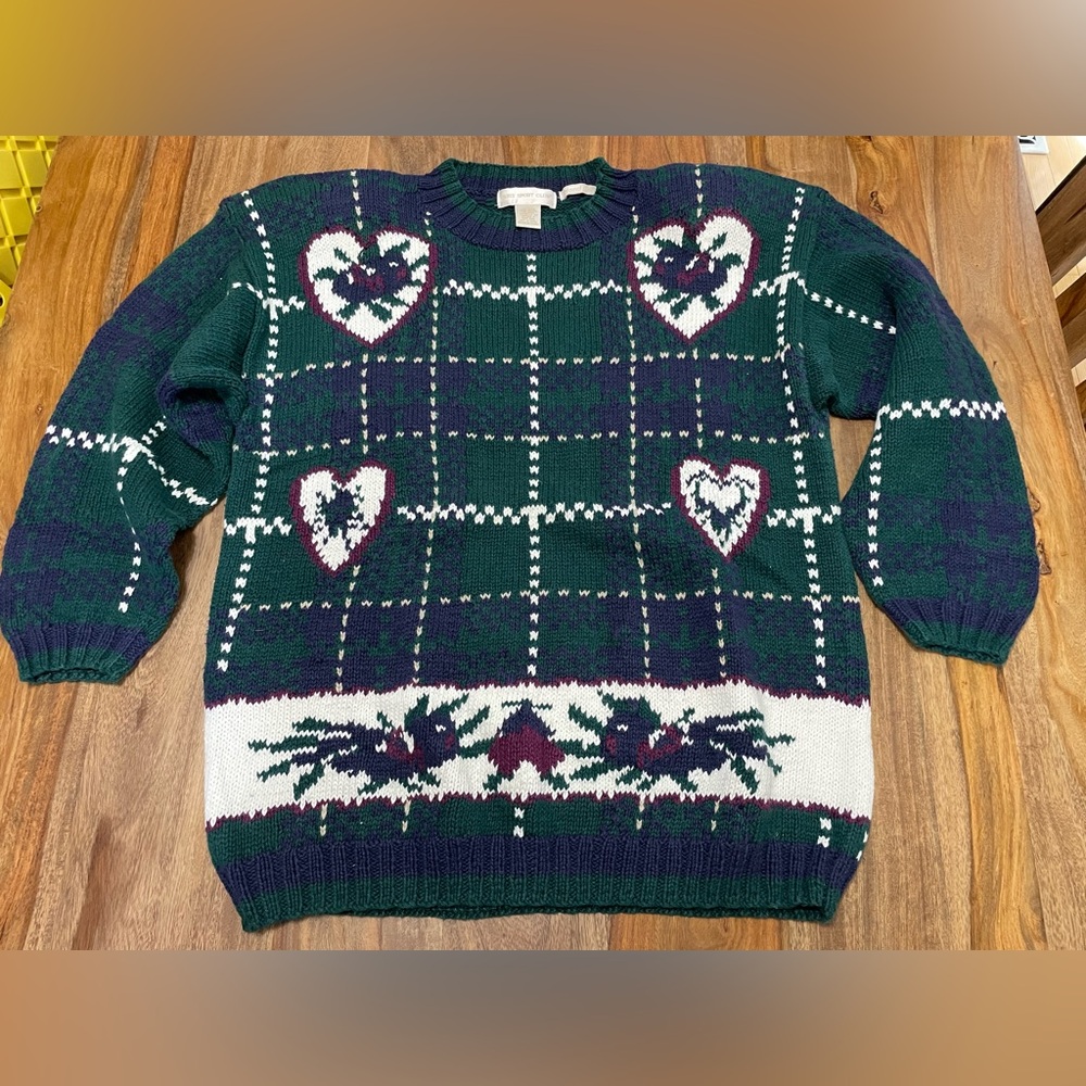 Paris Sport Club 90's Womens Green Navy Plaid Heart Sweater L Hand Knitted